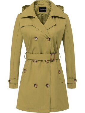 Women's Olive YellowPolyester Double Breasted Belted Detachable Hood Trench Coat
